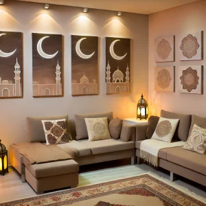 A-cozy-living-room-with-a-Ramadan-theme.-The-wall-features-four-or-five-elegant-and-subtle-paintings-showcasing-crescent-moons-lanterns